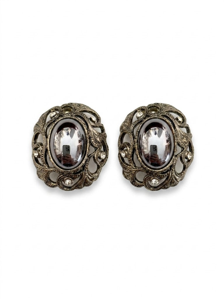 Vintage Hematite Cabochon Filigree Earrings