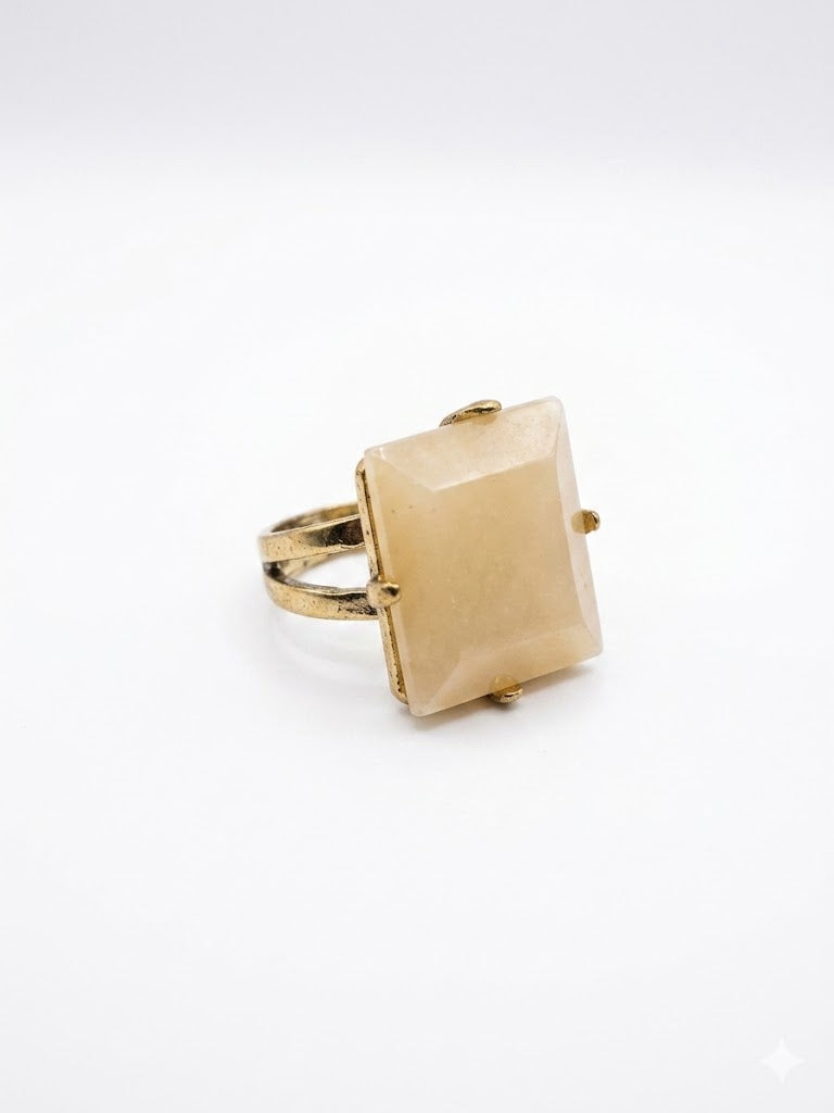 Vintage Modernist Cream Cabochon Ring Square Pyramid Silver Tone