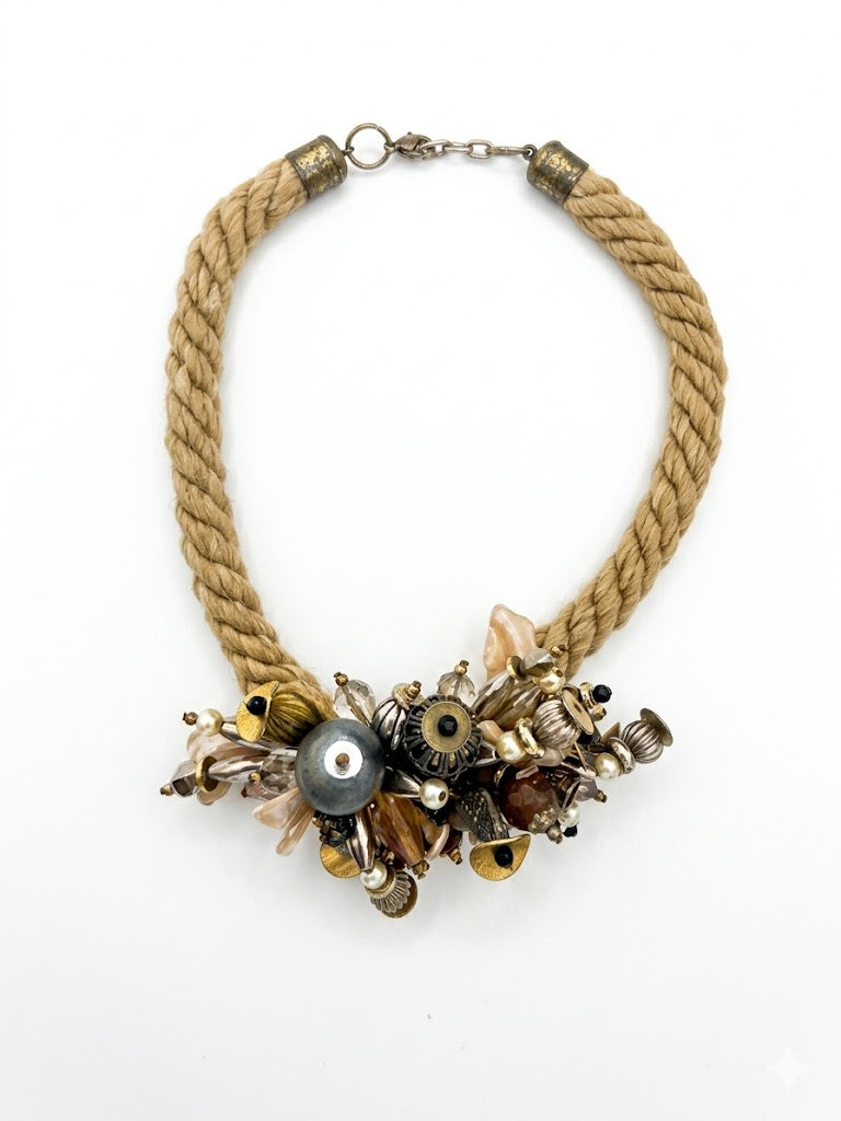 Vintage Mixed Media Nautical Rope Statement Necklace