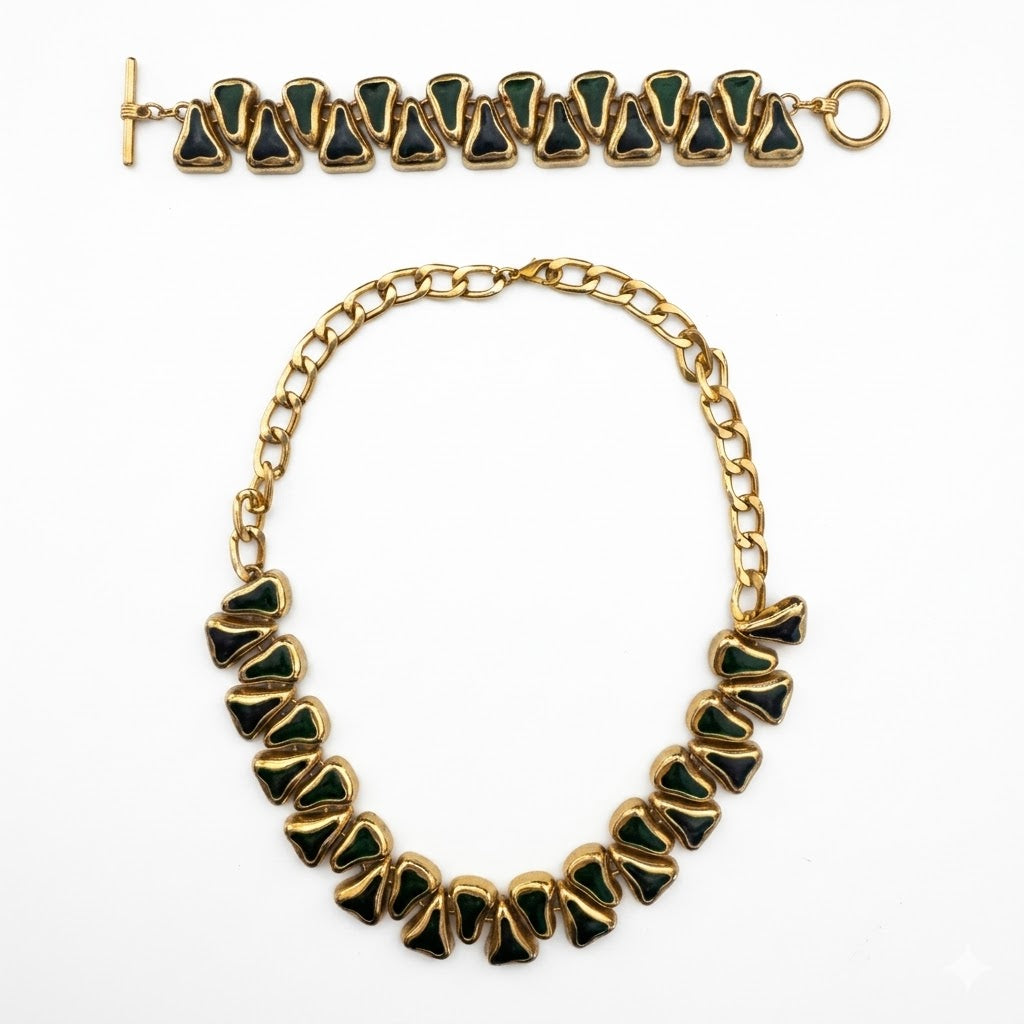 Vintage Green & Black Enamel Geometric Necklace and Bracelet Set