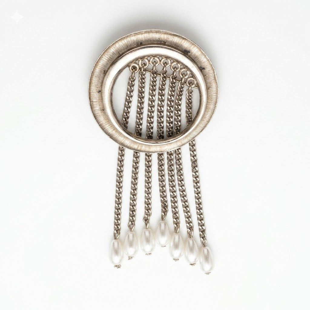 Vintage Modernist Pearl Tassel Circle Brooch