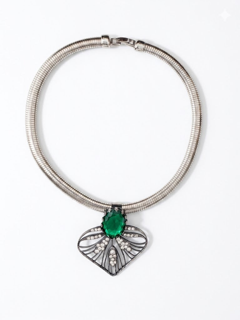 Vintage Emerald Glass & Crystal Wing Collar Necklace