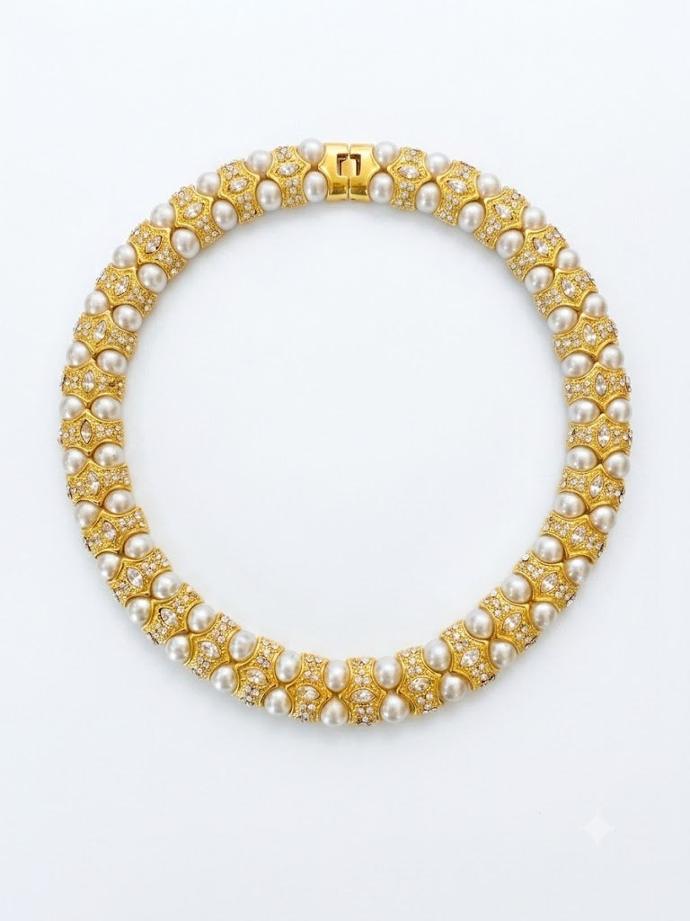 Vintage Art Deco Revival Faux Pearl Crystal Collar Necklace