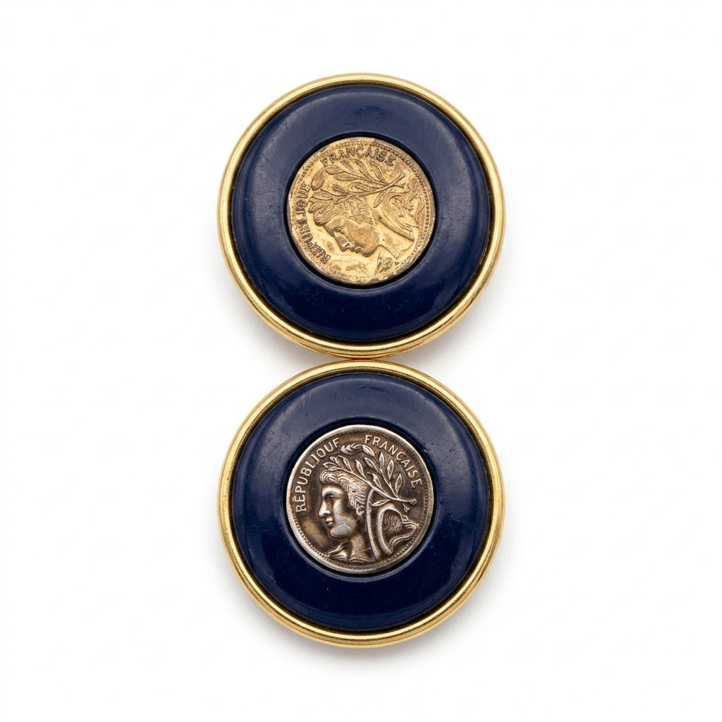 Vintage Oversized French Coin Medallion Enamel Earrings