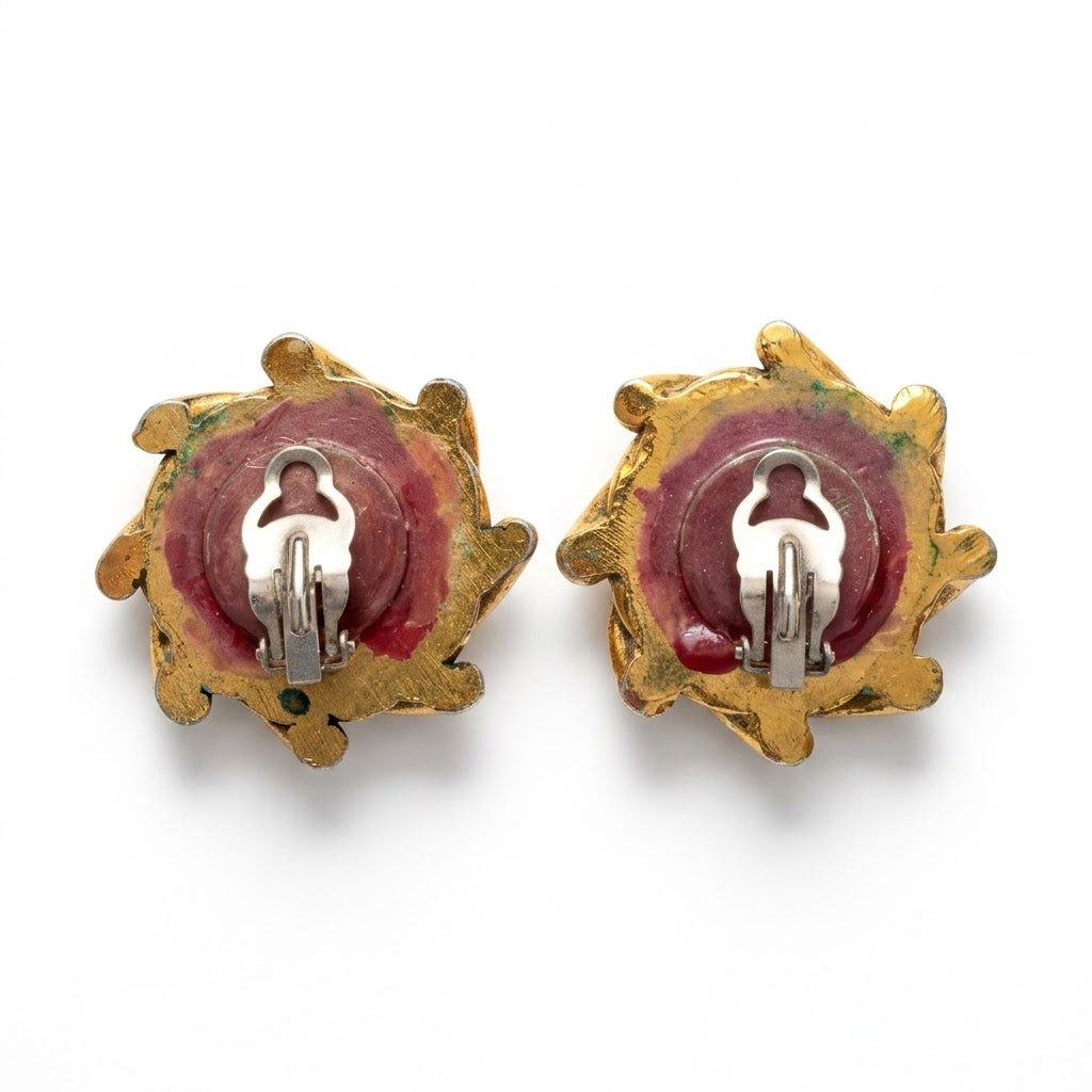 Vintage Gold Tone Swirl Earrings with Lavender Cabochons