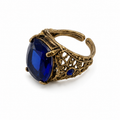 Ornate Vintage Sapphire Blue Cocktail Ring Antiqued Gold Filigree