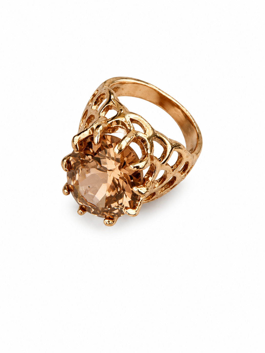 Vintage Modernist Champagne Crystal Ring Openwork Gold Tone