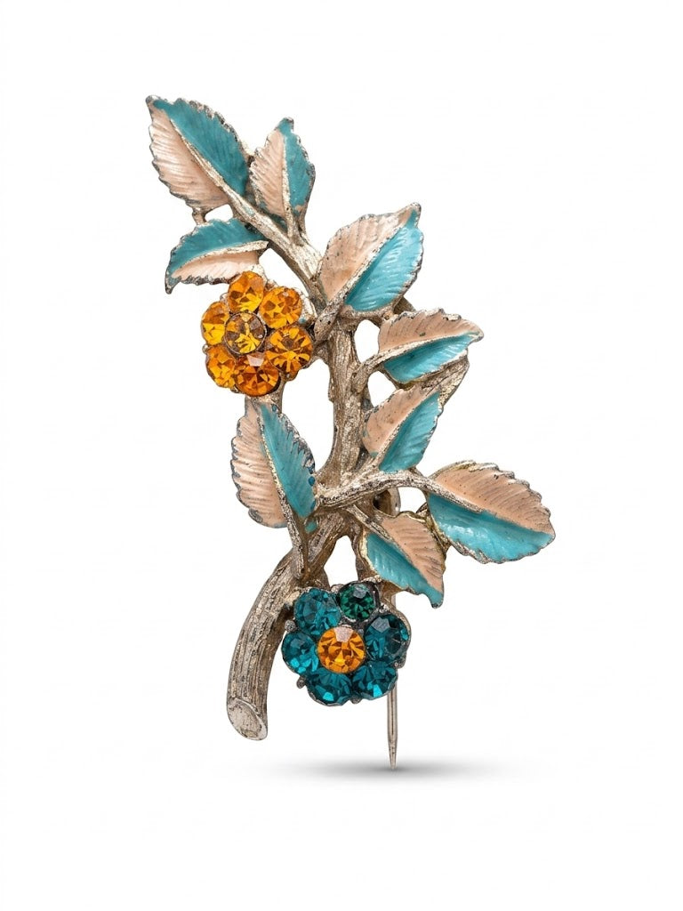 Vintage Enamel Floral Rhinestone Statement Brooch