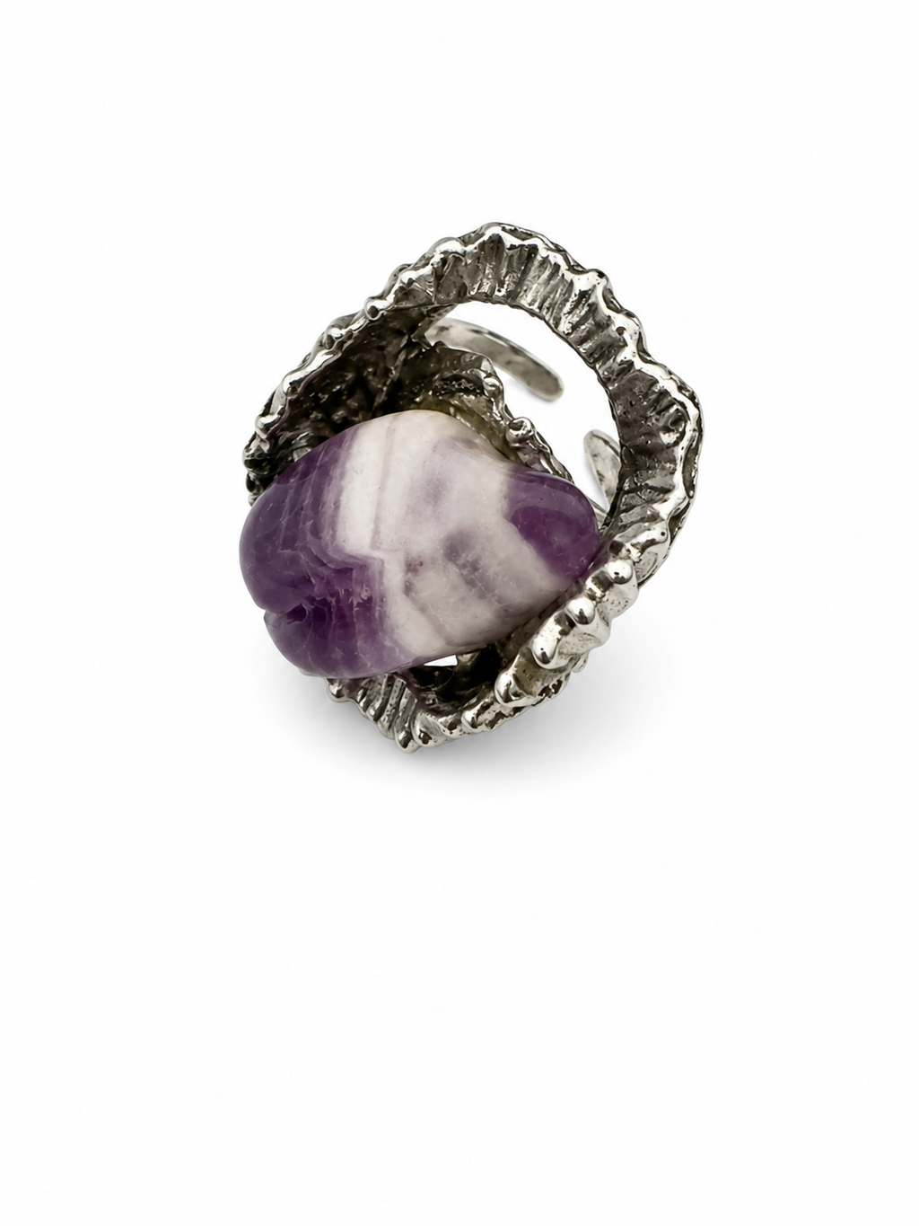 Vintage Brutalist Amethyst Statement Ring Sculptural Silver Tone
