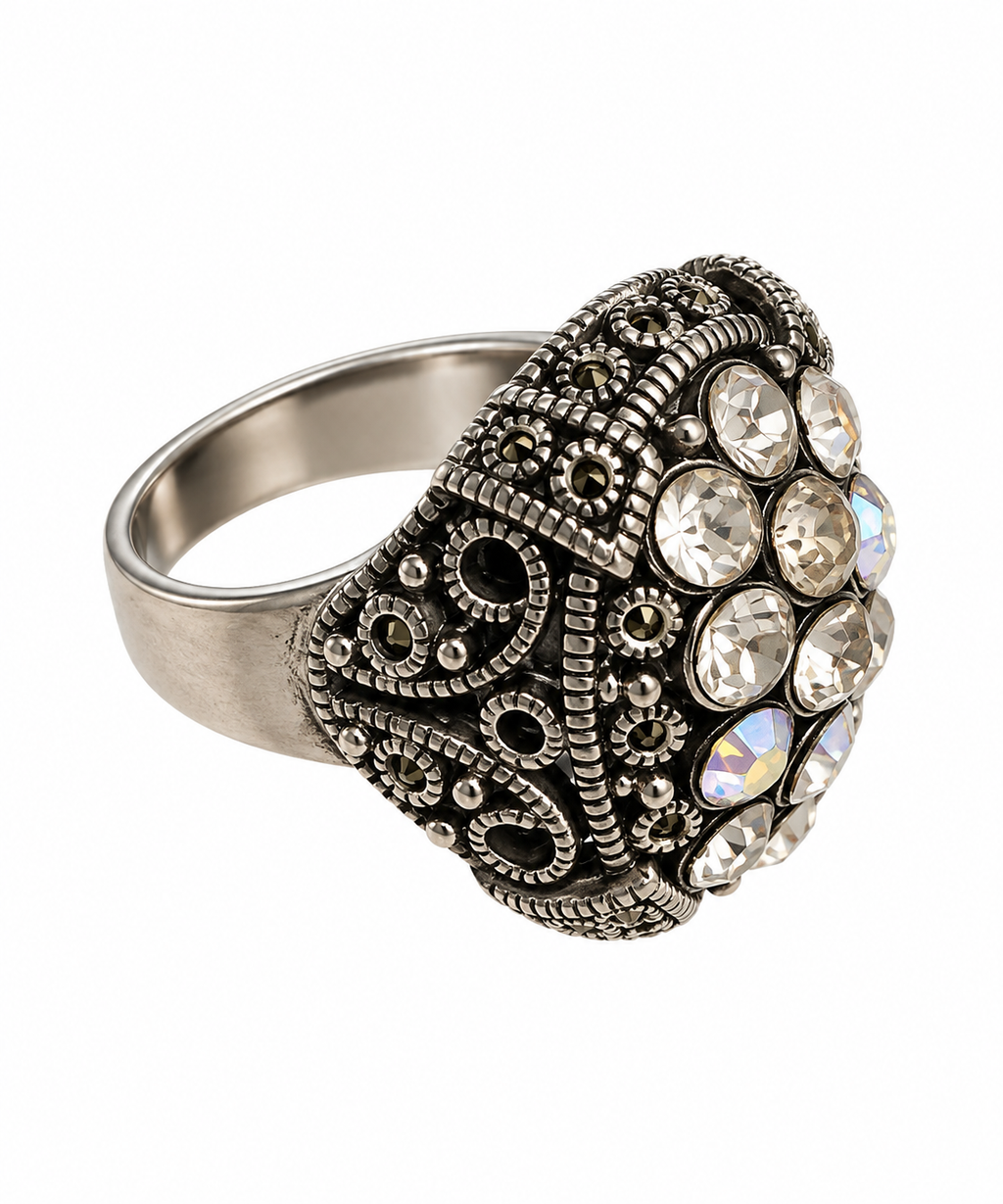 Vintage Crystal Filigree Dome Adjustable Cocktail Ring