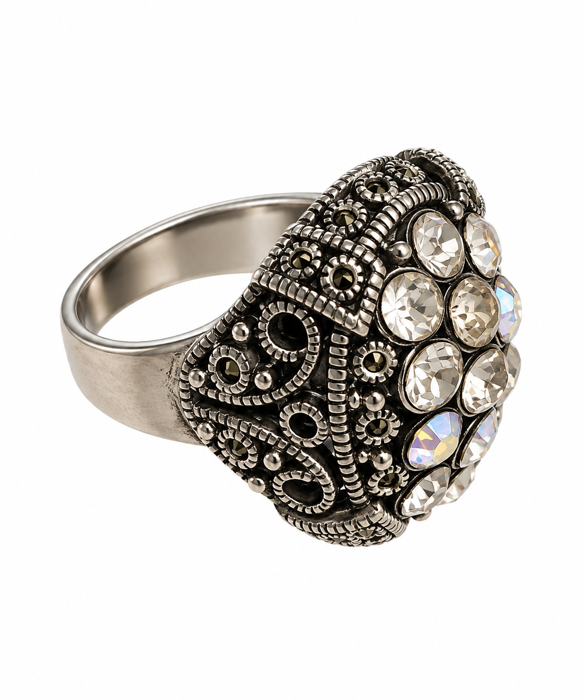 Vintage Crystal Filigree Dome Adjustable Cocktail Ring