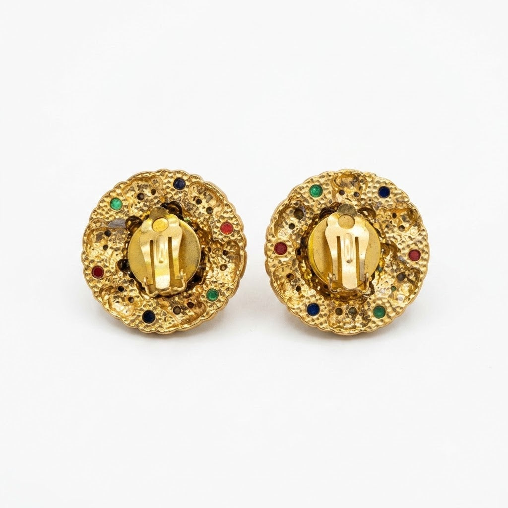 Vintage Byzantine Revival Multicolor Cabochon Clip On Earrings by DeLuigoro