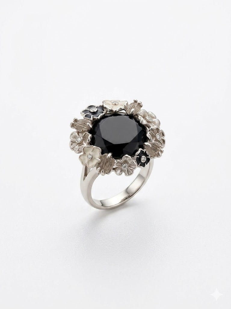 Vintage Floral Black Stone Statement Ring
