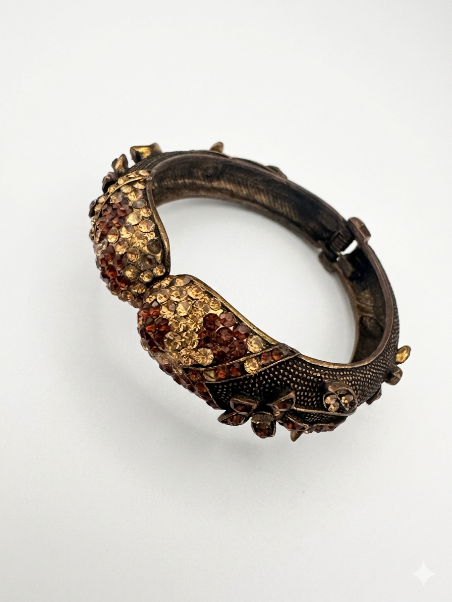 Antiqued Bronze Pavé Floral Hinged Bangle with Earth-Tone Rhinestones