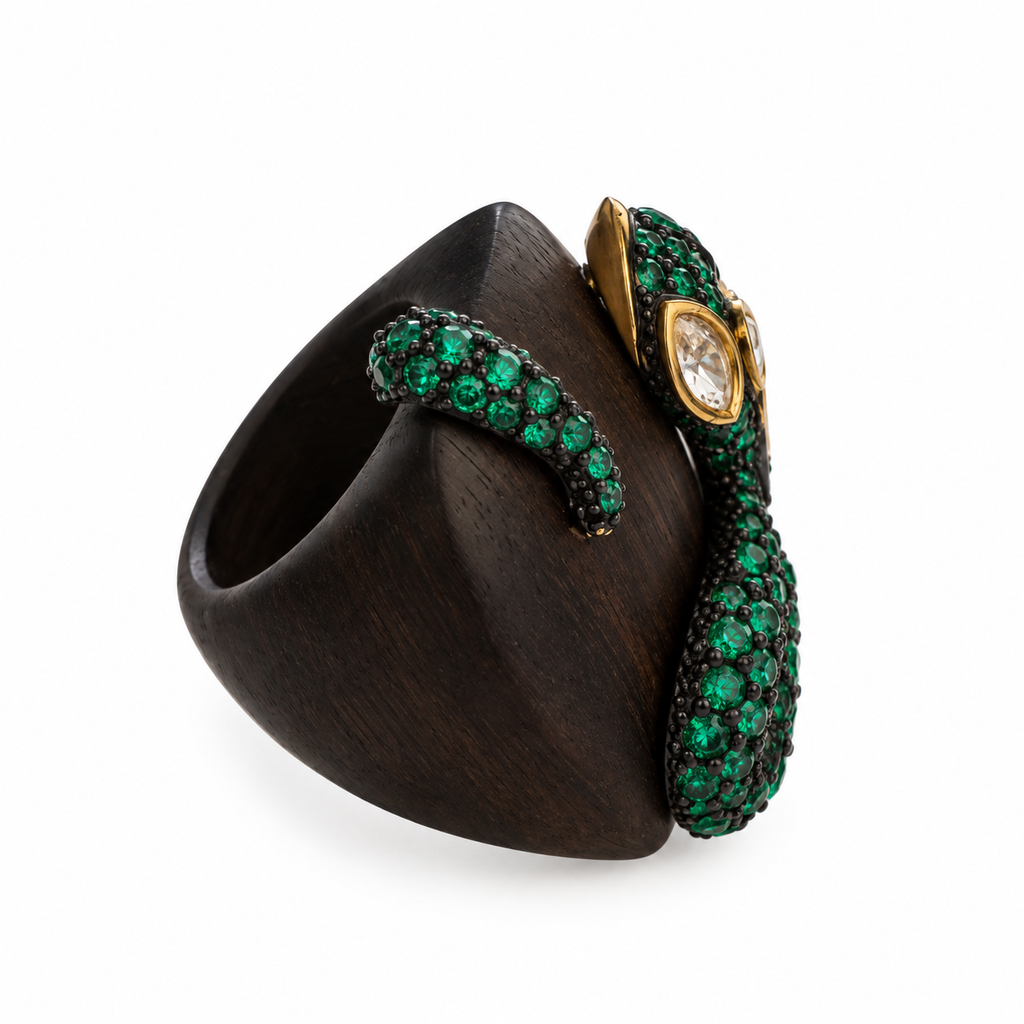 Vintage Roberto Cavalli Jeweled Serpent Wood Cocktail Ring