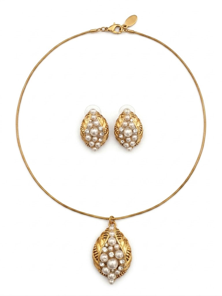Vintage Gold Plated Faux Pearl & Rhinestone Jewelry Set – Classic Mid-Century Elegance