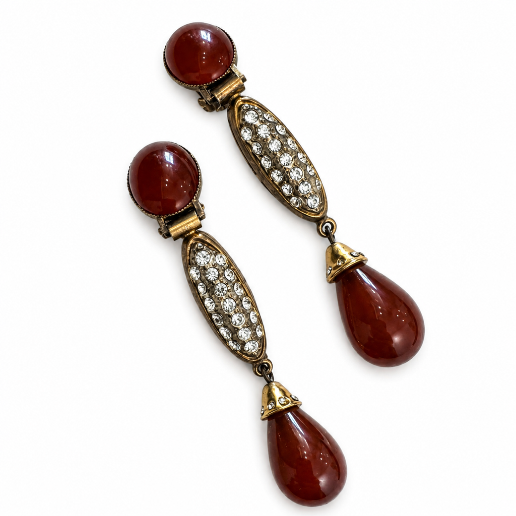 Vintage DeLuigoro Art Deco Carnelian Drop Clip On Earrings