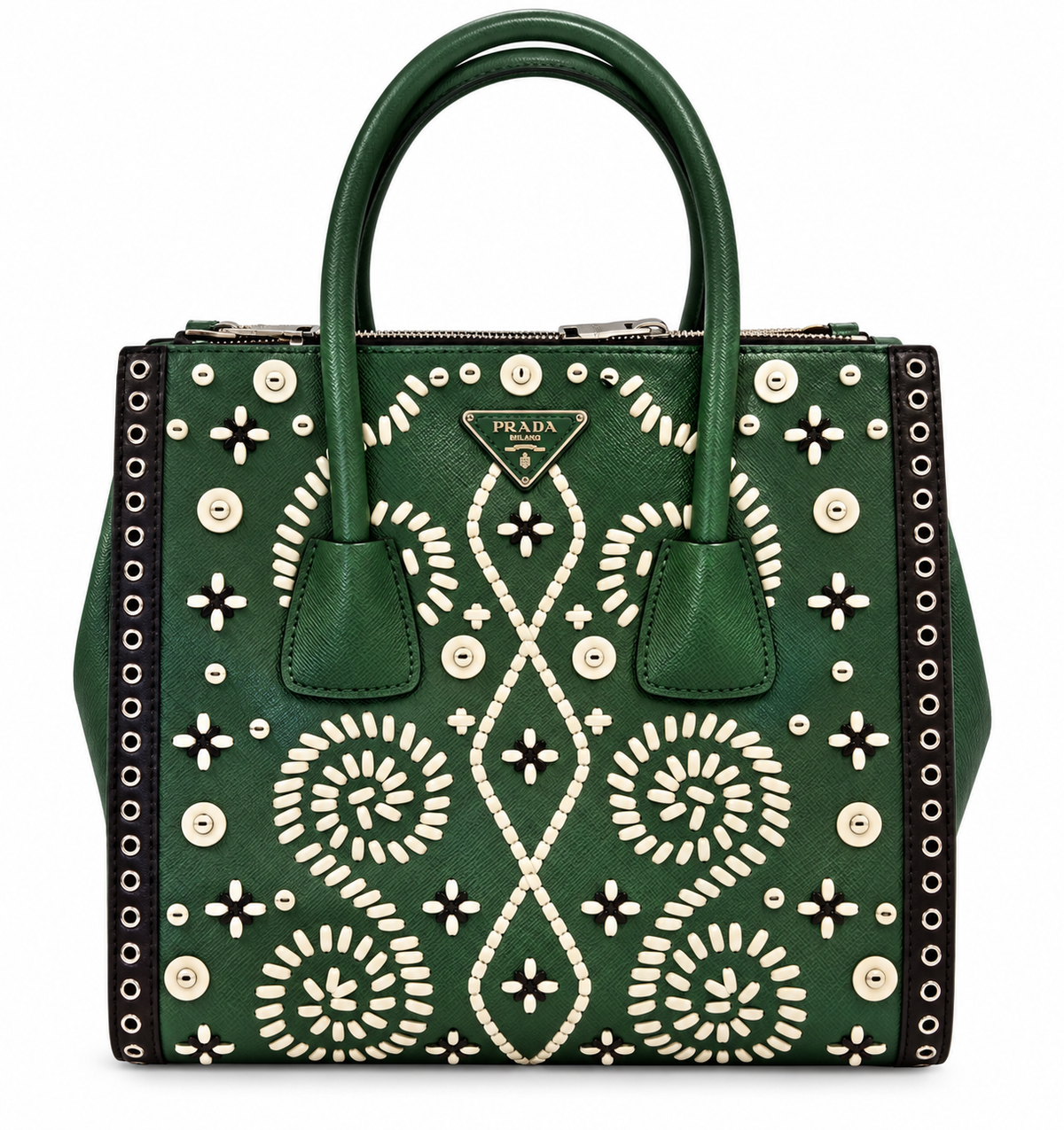 Prada Saffiano Leather Embroidered Twin Pocket Double Handle Tote Bag