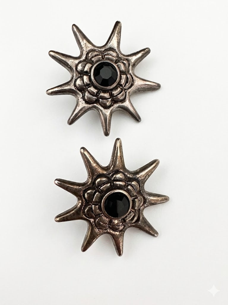 Vintage Silver Tone Starburst Black Stone Earrings