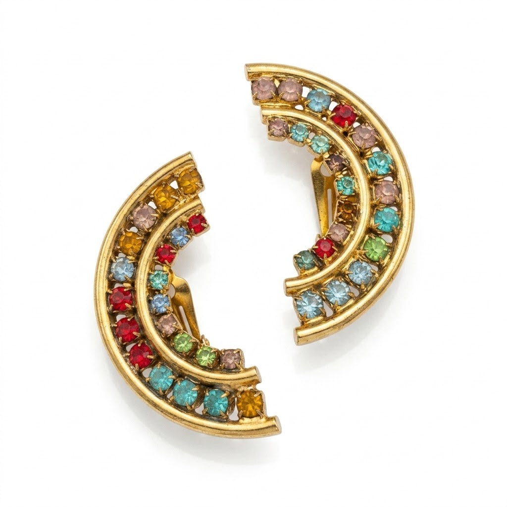 Vintage Multicolor Crescent Rhinestone Earrings