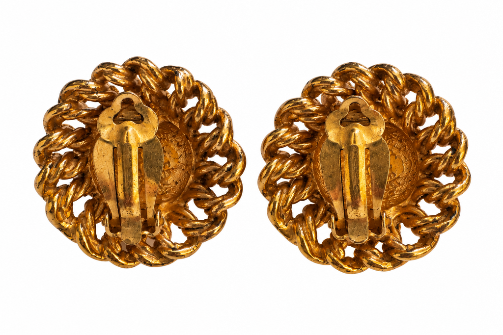 Chanel Vintage Concave Dome Chain Clip-On Earrings
