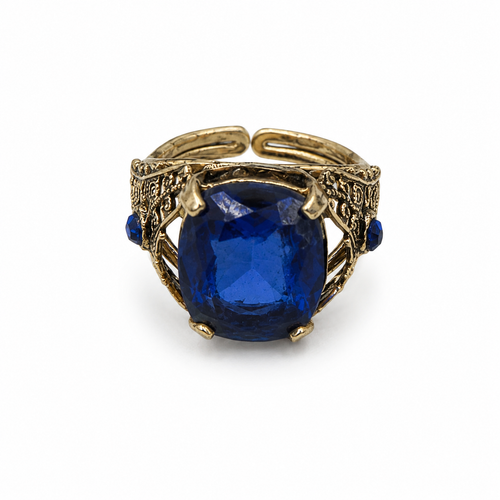 Ornate Vintage Sapphire Blue Cocktail Ring Antiqued Gold Filigree