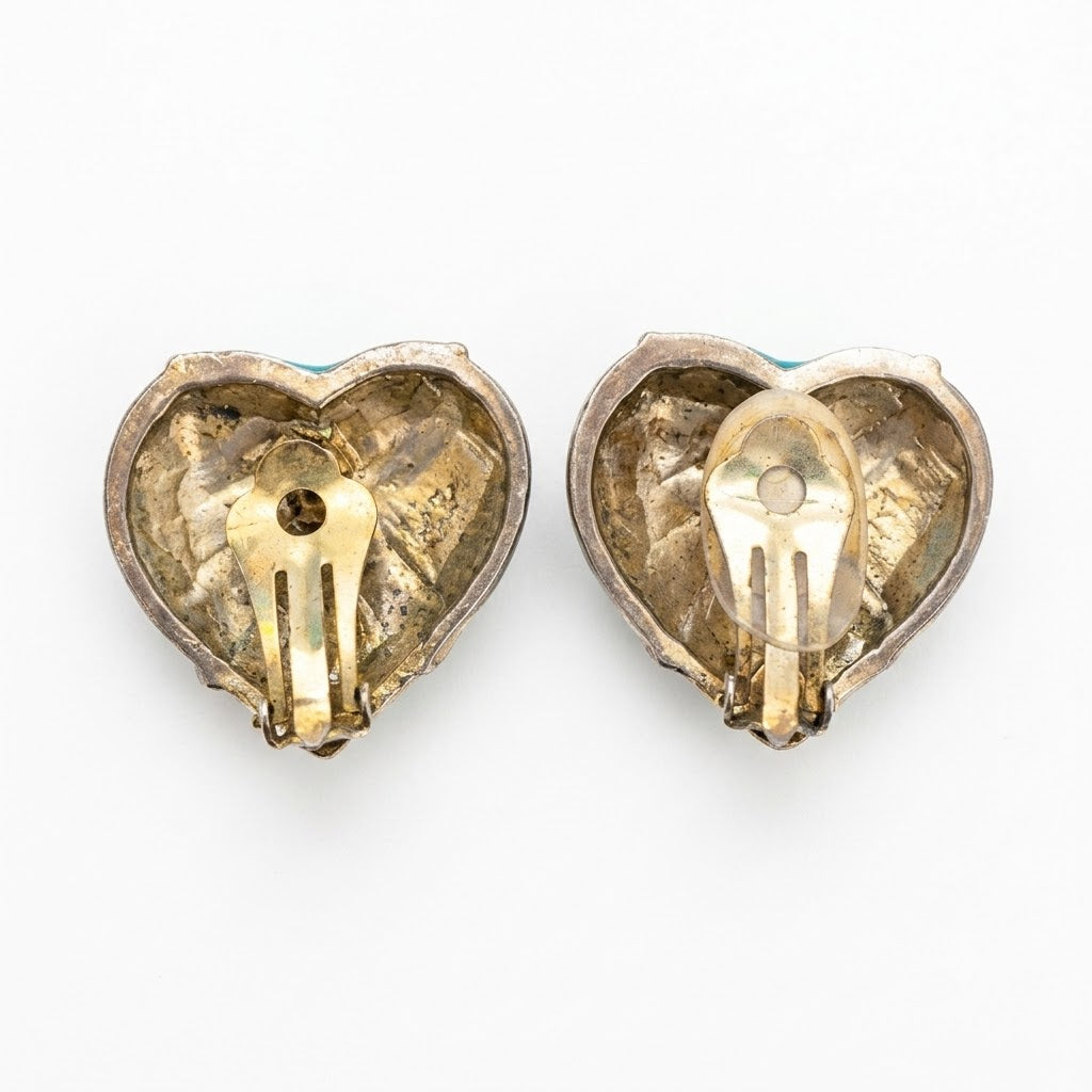 Vintage Marbled Turquoise Heart Gold Plated Clip-On Earrings