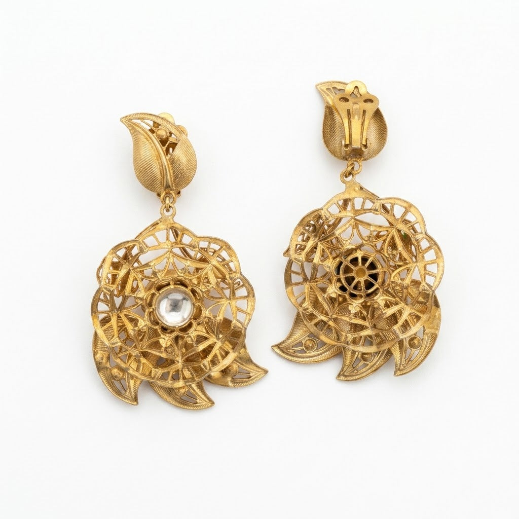 Vintage Art Nouveau Floral Crystal Drop Clip On Earrings