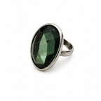 Vintage Modernist Forest Green Crystal Ring Sculptural Silver Tone