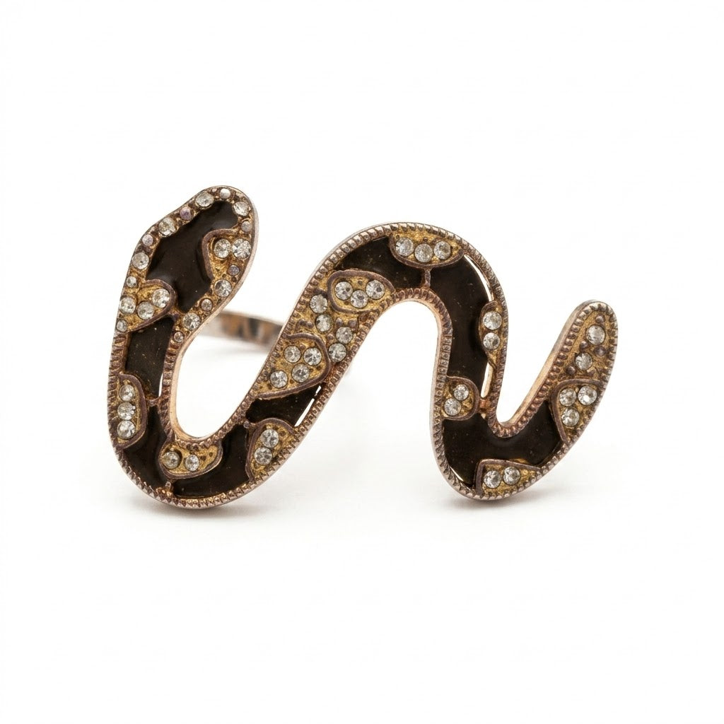 Vintage Snake Two-Finger Ring Enamel and Crystal Statement