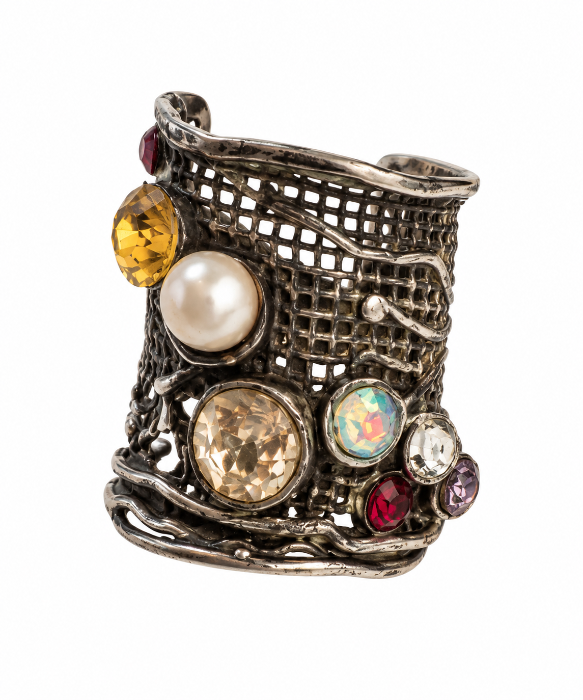 Vintage Sterling Silver Jeweled Mesh Ring
