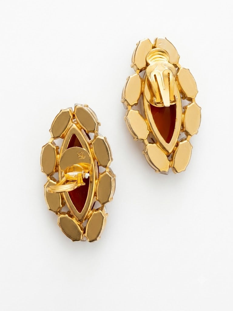 Vintage Signed Amber Crystal Aurora Borealis Clip On Earrings