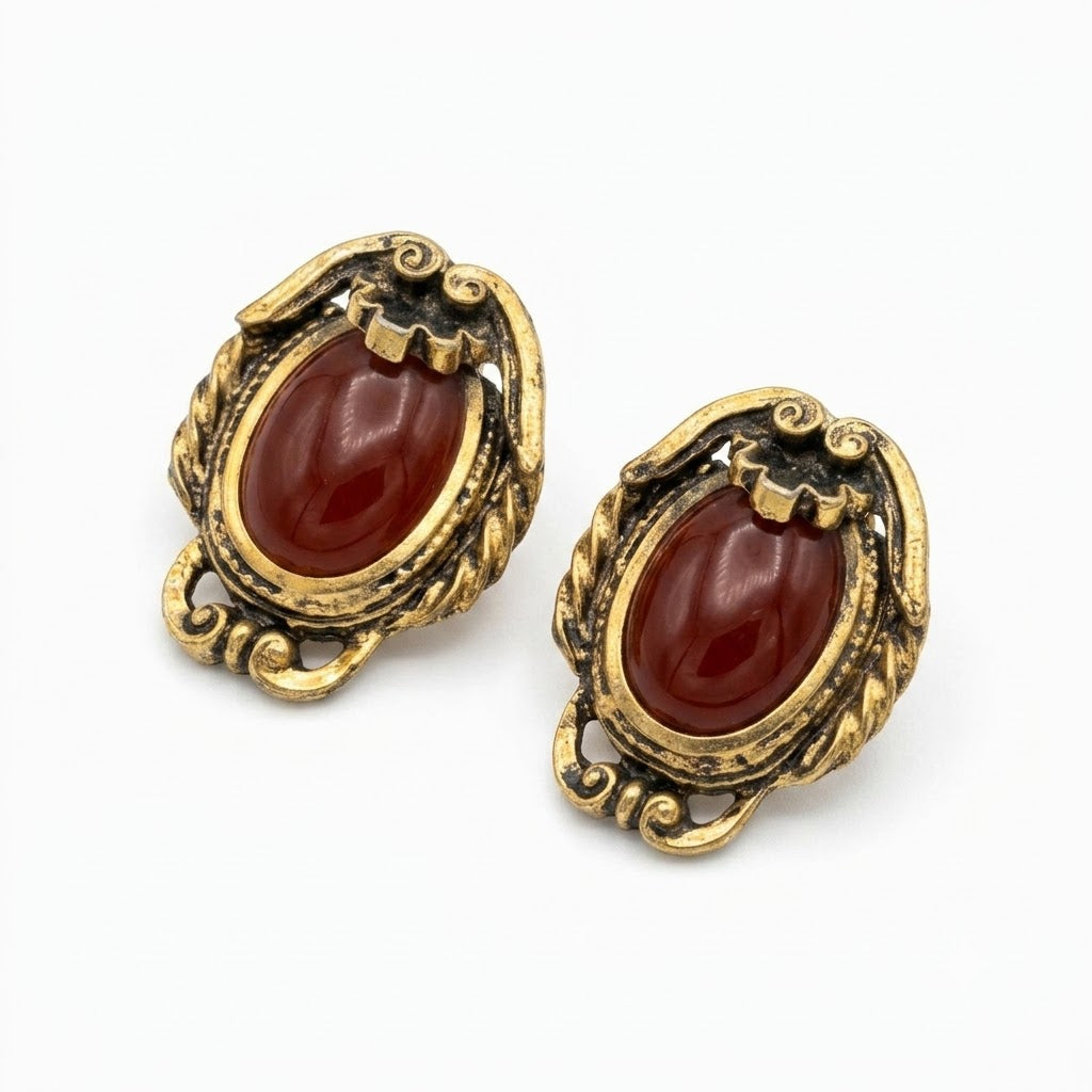 Vintage DeLuigoro Art Nouveau Carnelian Cabochon Clip On Earrings