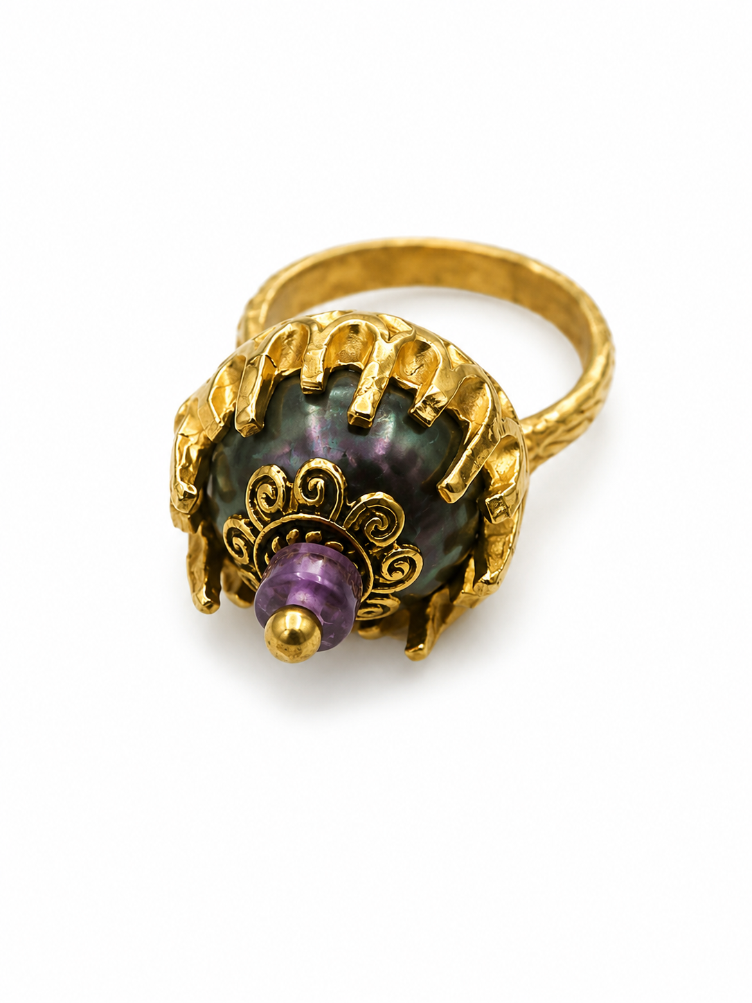 Vintage 1960s Brutalist Mabe Pearl Statement Ring Gold Sculptural Baroque Revival Amethyst Accent