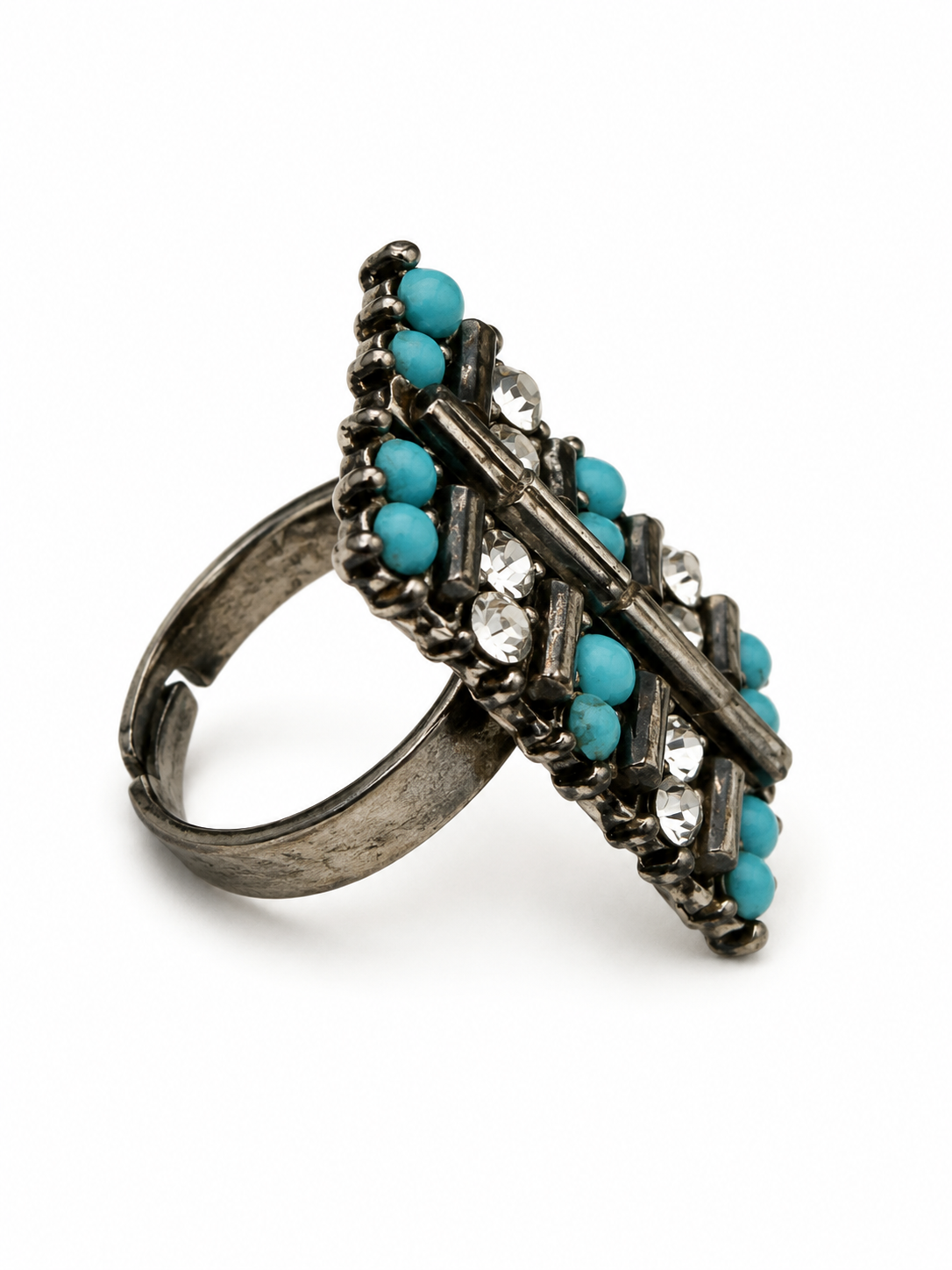 Vintage Brutalist Faux Turquoise Mosaic Ring Antiqued Silver Tone