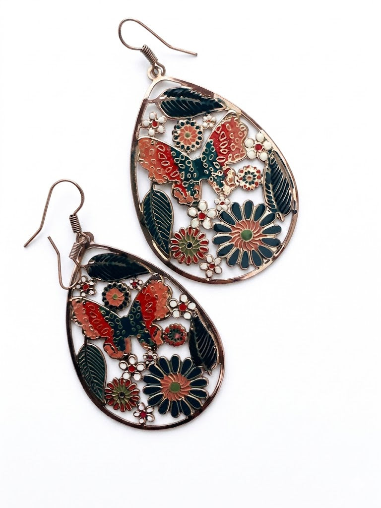 Vintage Folk Art Enamel Floral Drop Earrings