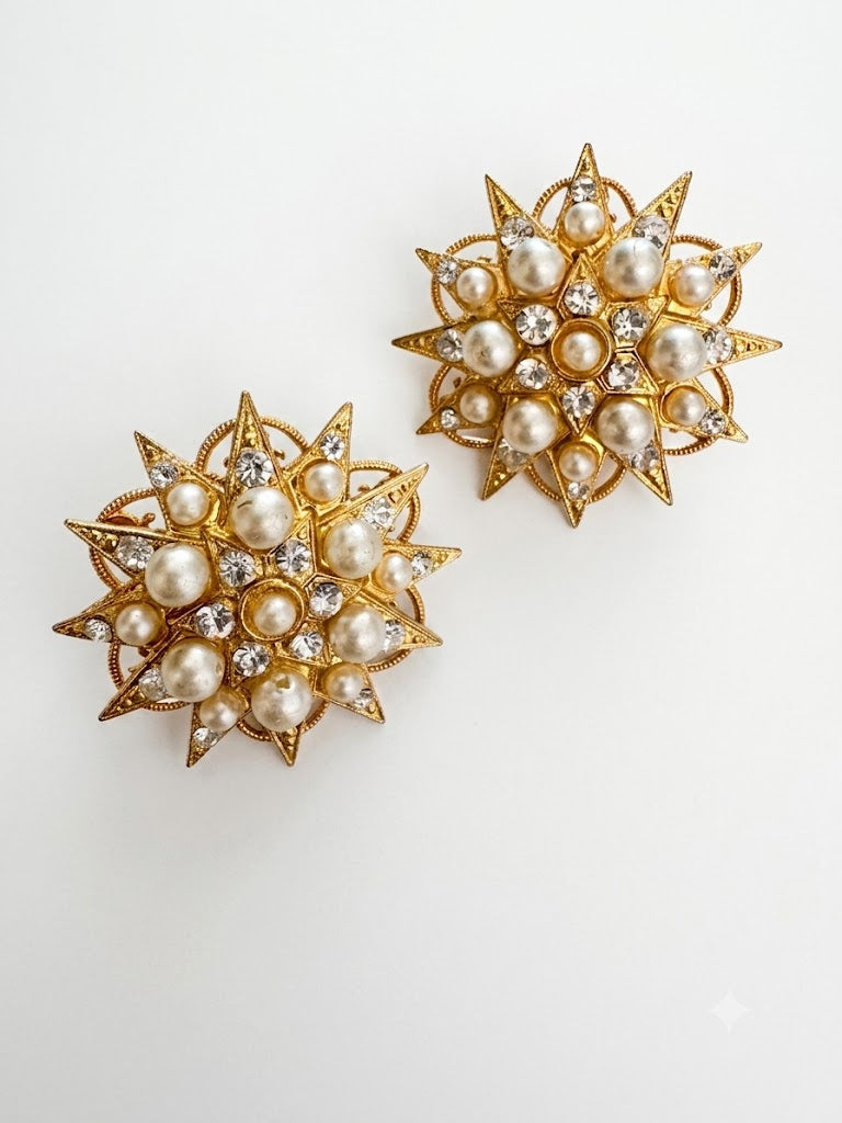 Vintage Victorian Revival Faux Pearl Rhinestone Starburst Clip-On Earrings