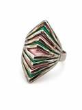 Vintage Modernist Chevron Enamel Shield Ring Pink & Green Silver Tone