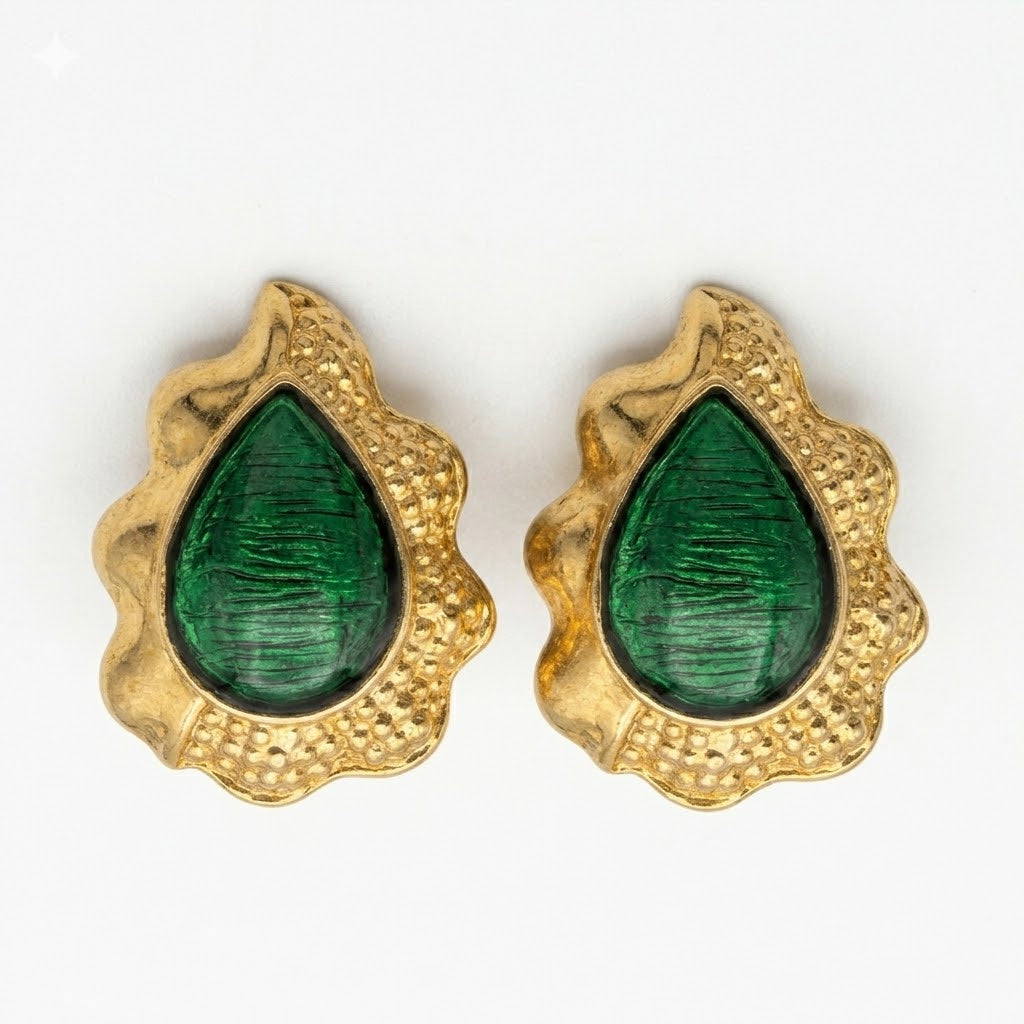 Vintage Emerald Green Cabochon Gold Plated Earrings