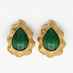 Vintage Emerald Green Cabochon Gold Plated Earrings