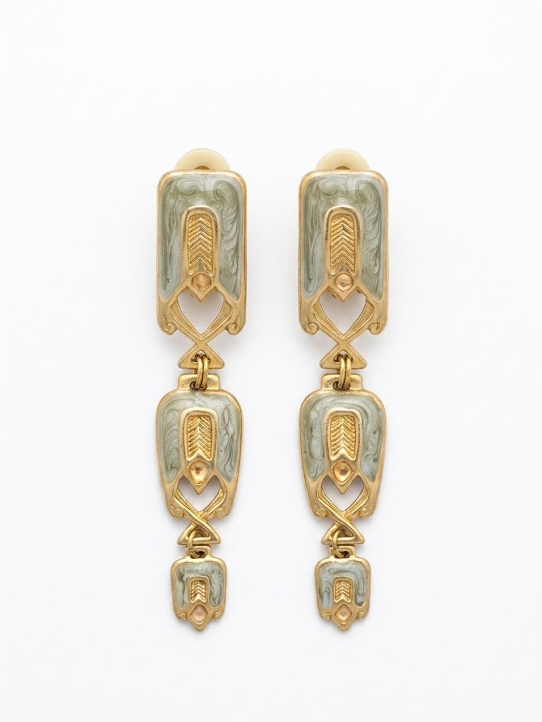 Vintage Art Nouveau Enamel Drop Clip On Earrings