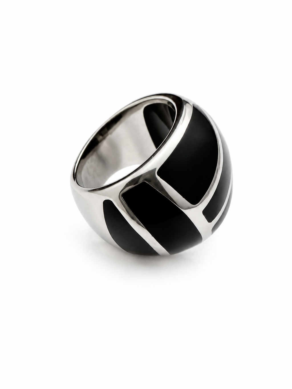 Vintage Black Enamel and Silver Tone Geometric Ring