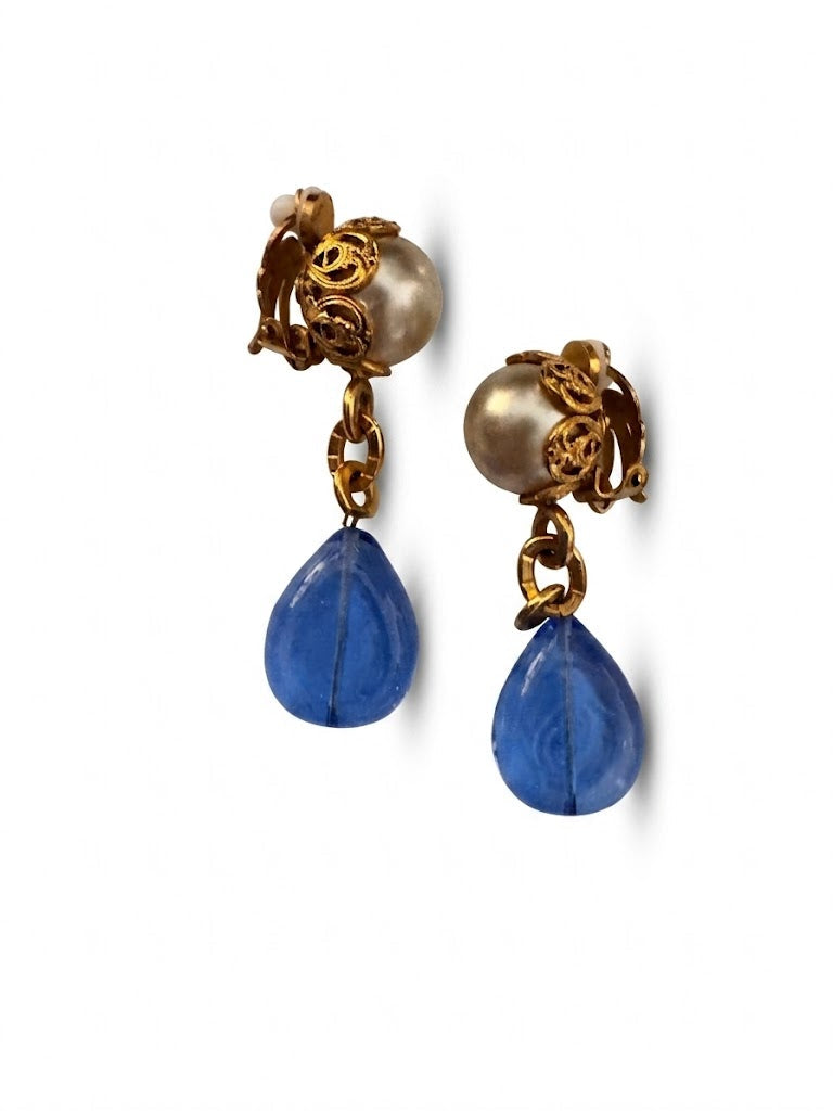 Vintage Chanel Pearl & Blue Gripoix-Style Drop Earring