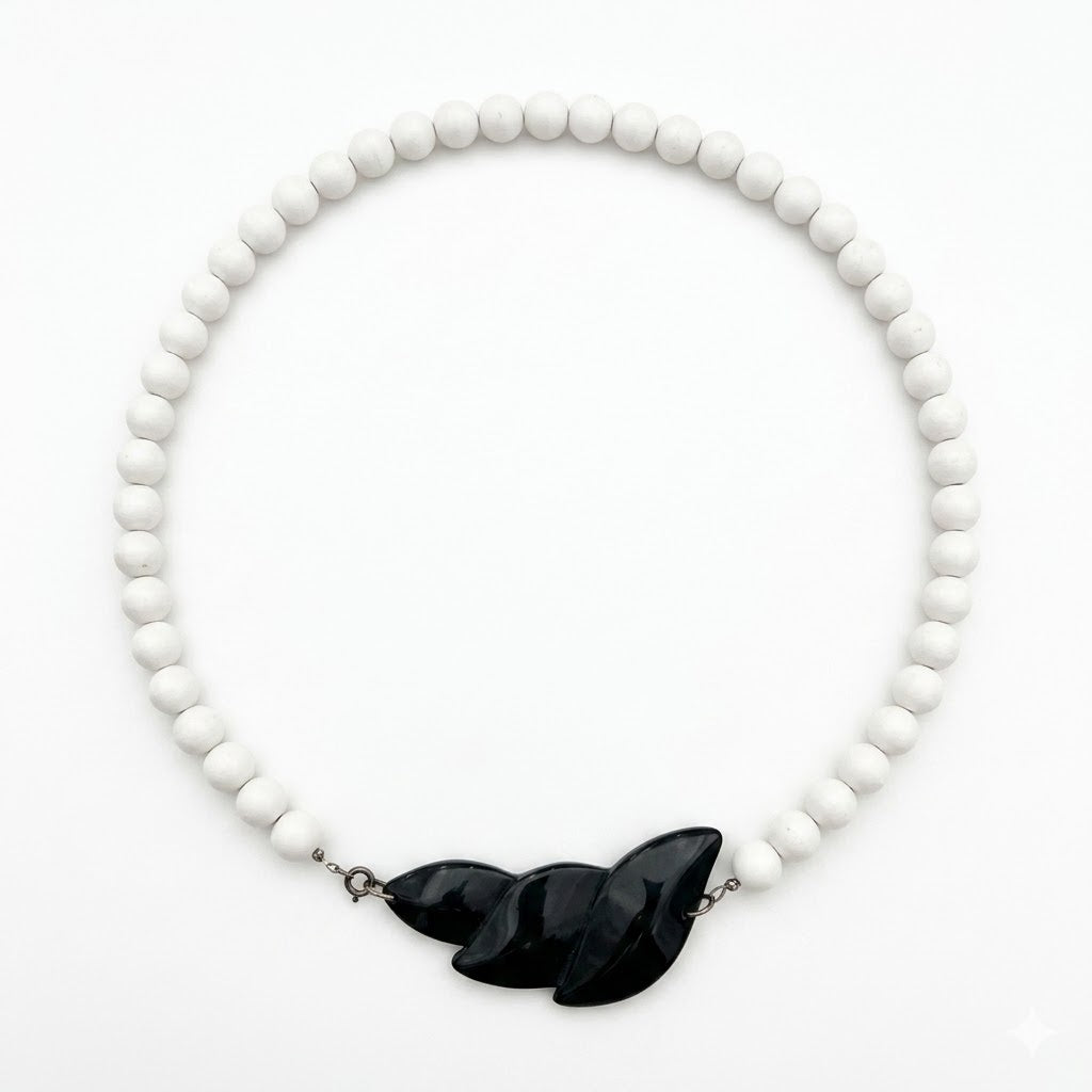 Vintage Beaded Necklace with Sculptural Black Center