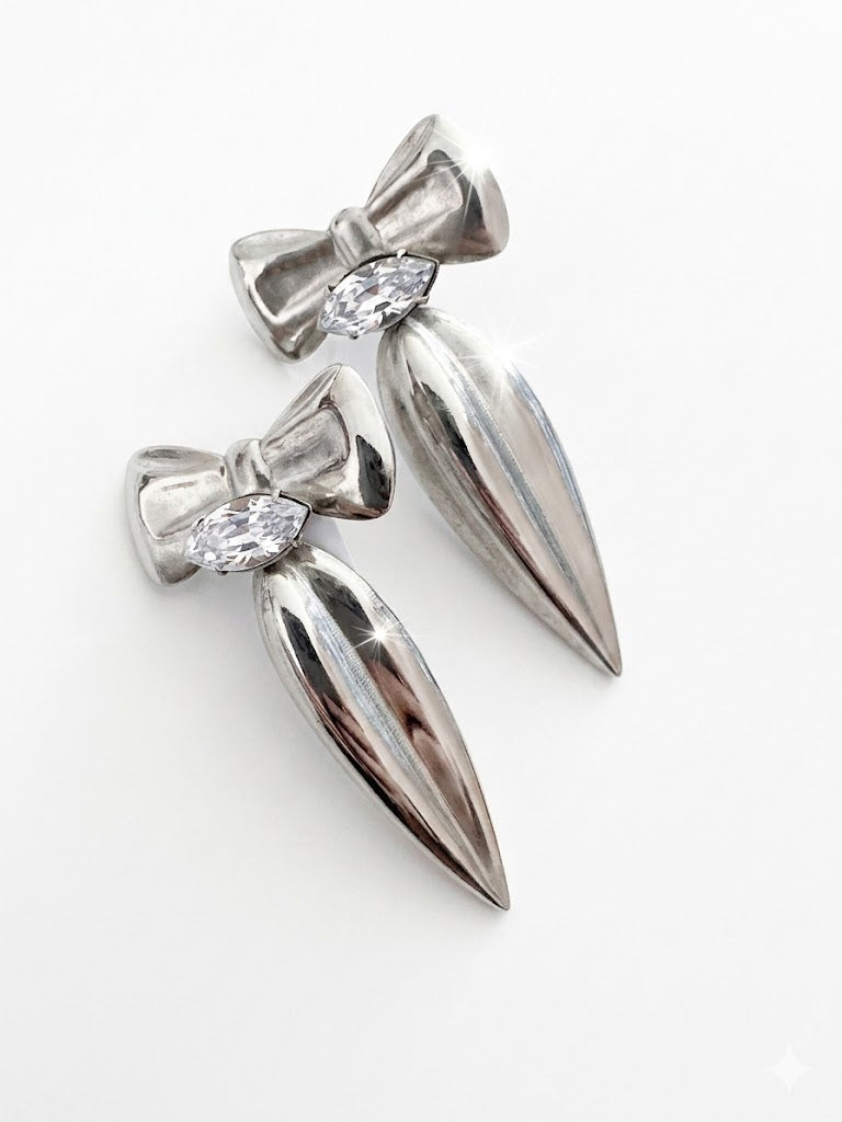 Vintage Modernist Silver Bow Drop Earrings