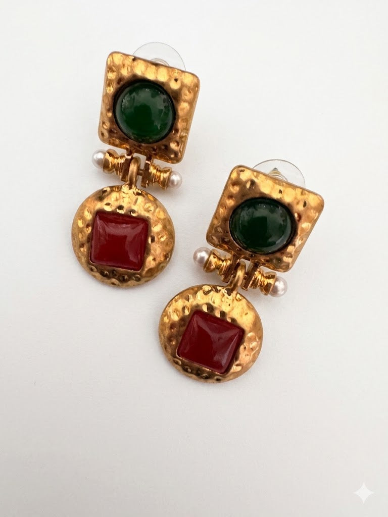 Vintage Byzantine Revival Cabochon Drop Earrings