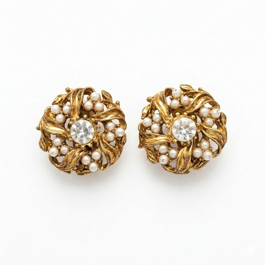 Vintage Faux Pearl & Rhinestone Statement Clip-On Earrings