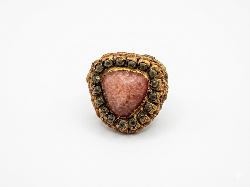 Vintage Ornate Coral Pink Statement Ring Antiqued Gold Filigree