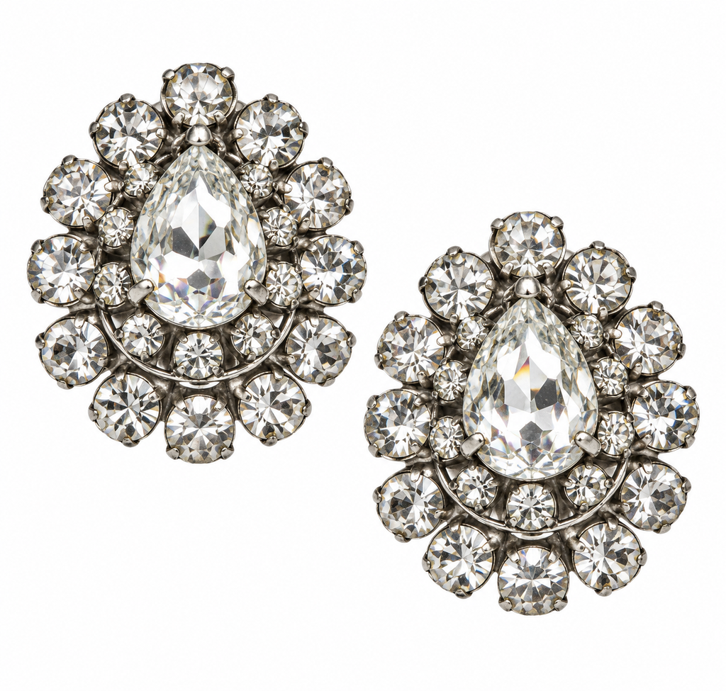Vintage Crystal Teardrop Cluster Clip-On Earrings