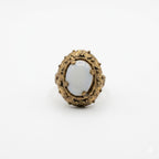 Vintage Ornate White Cabochon Statement Ring Antiqued Gold Filigree